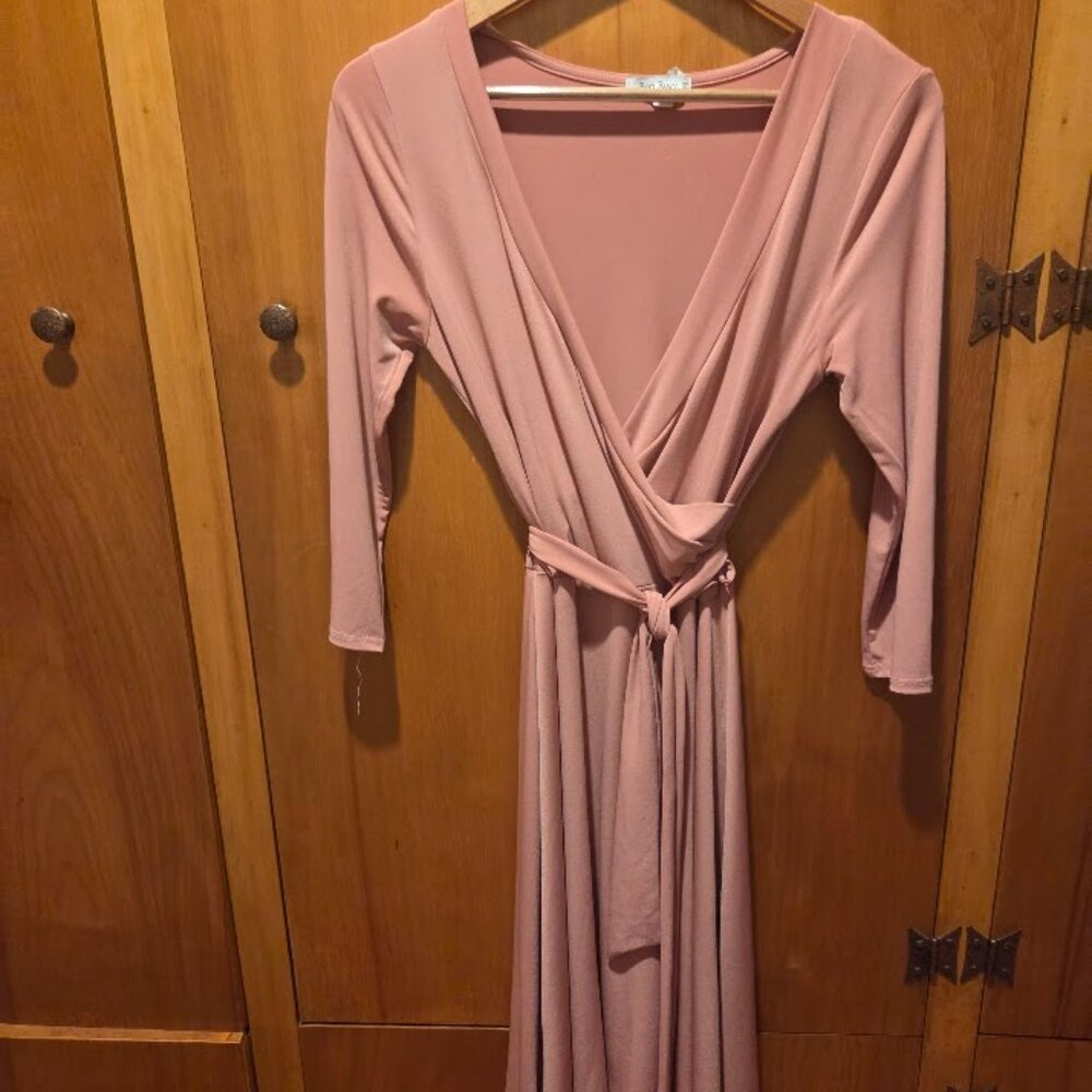 Bon Rosy Dusty Rose Pink Wrap Dress 3/4 Sleeve Size Medium